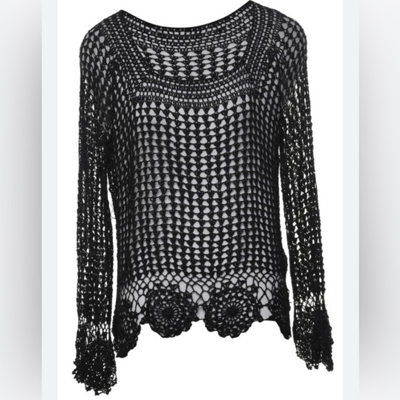 BCBGMAXAZRIA Black Open Crochet Net Knit Festival Whimsigoth 90s Witchy Top - Picture 1 of 11